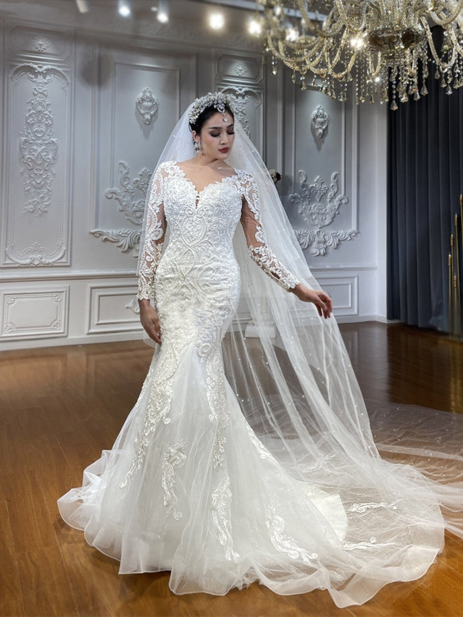 Luxury Long Sleeve V Neck Applique Mermaid Wedding Dresses – Yelure UK