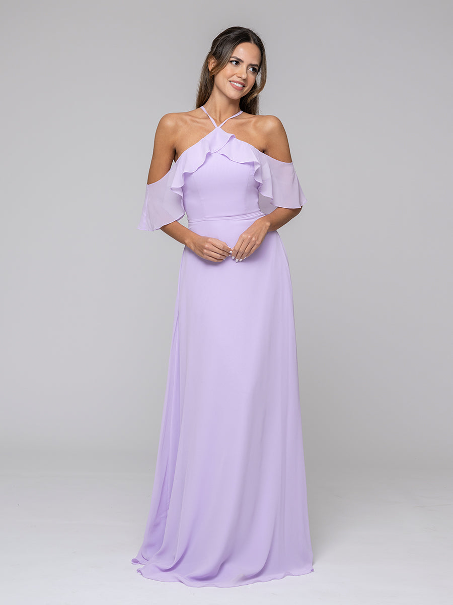 2023 Halter Ruffles Off The Shoulder Chiffon Floor Length Bridesmaid Dresses UK Yelure UK