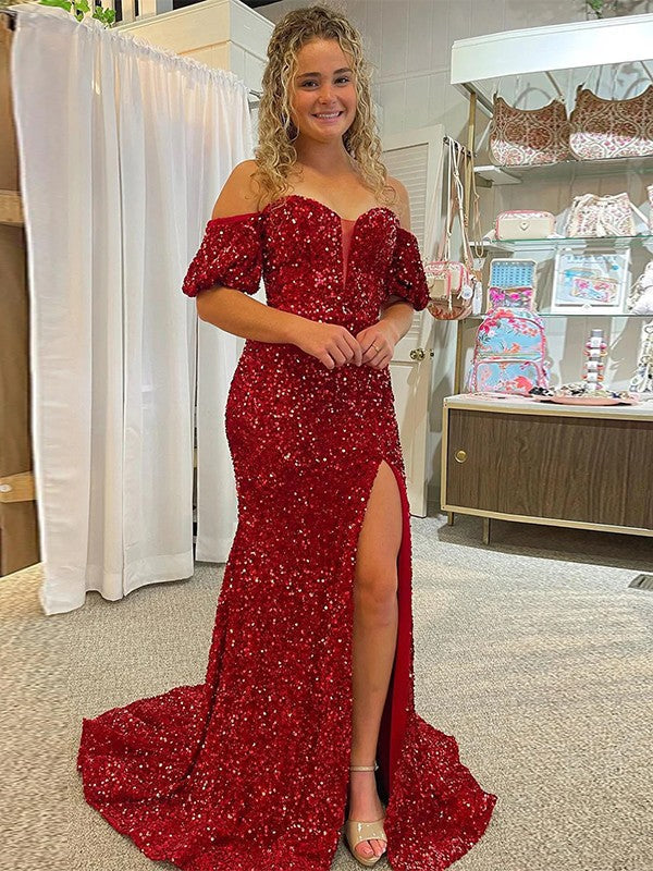 Emerald Green Sequin Off Shoulder Long Sleeve Customized Prom Dress