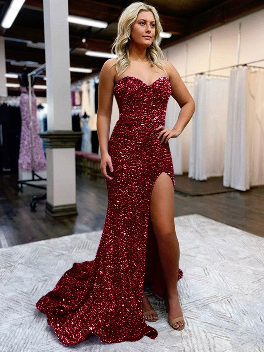 Long red hotsell sequin prom dress