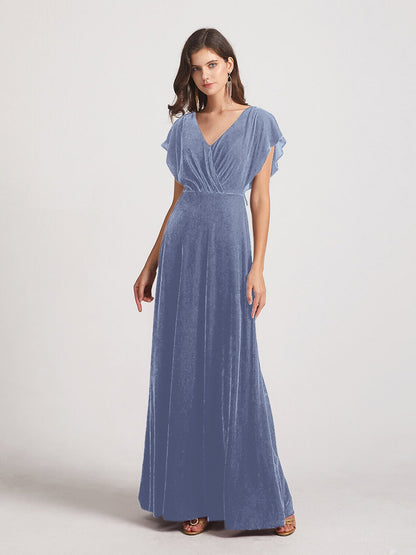 Flutter Sleeve Open Back Velvet Bridesmaid Dresses