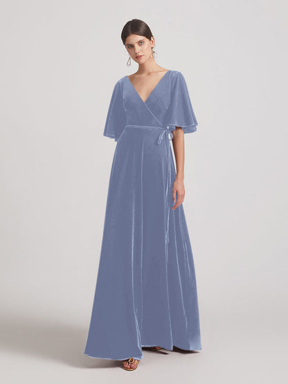 Elbow Length Flutter Sleeve Velvet Maxi Bridesmaid Dresses