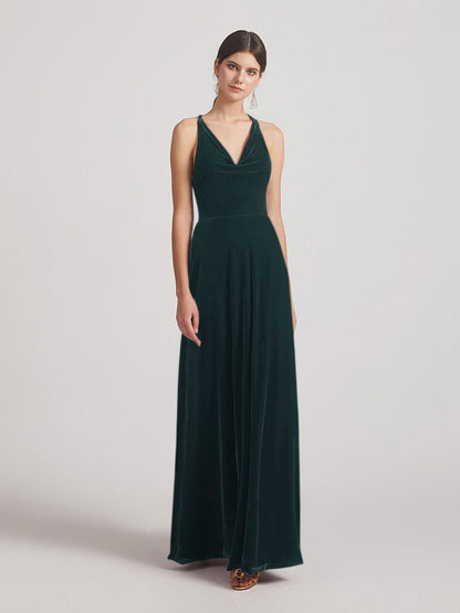 Cowl Neck Open Back Floor Length Velvet Bridesmaid Dresses