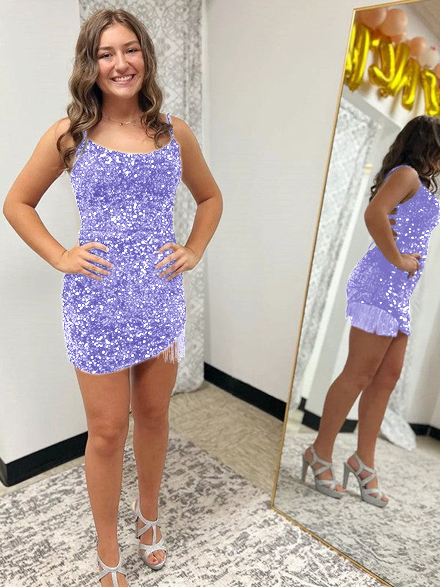 Sexy Fitted Spaghetti Straps Sleeveless Short Velvet Sequin Prom Dress