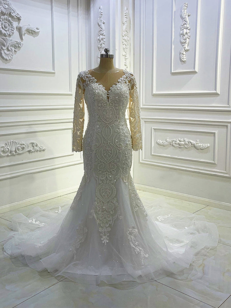 Long sleeve lace wedding dress clearance mermaid