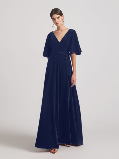 Elbow Length Flutter Sleeve Velvet Maxi Bridesmaid Dresses