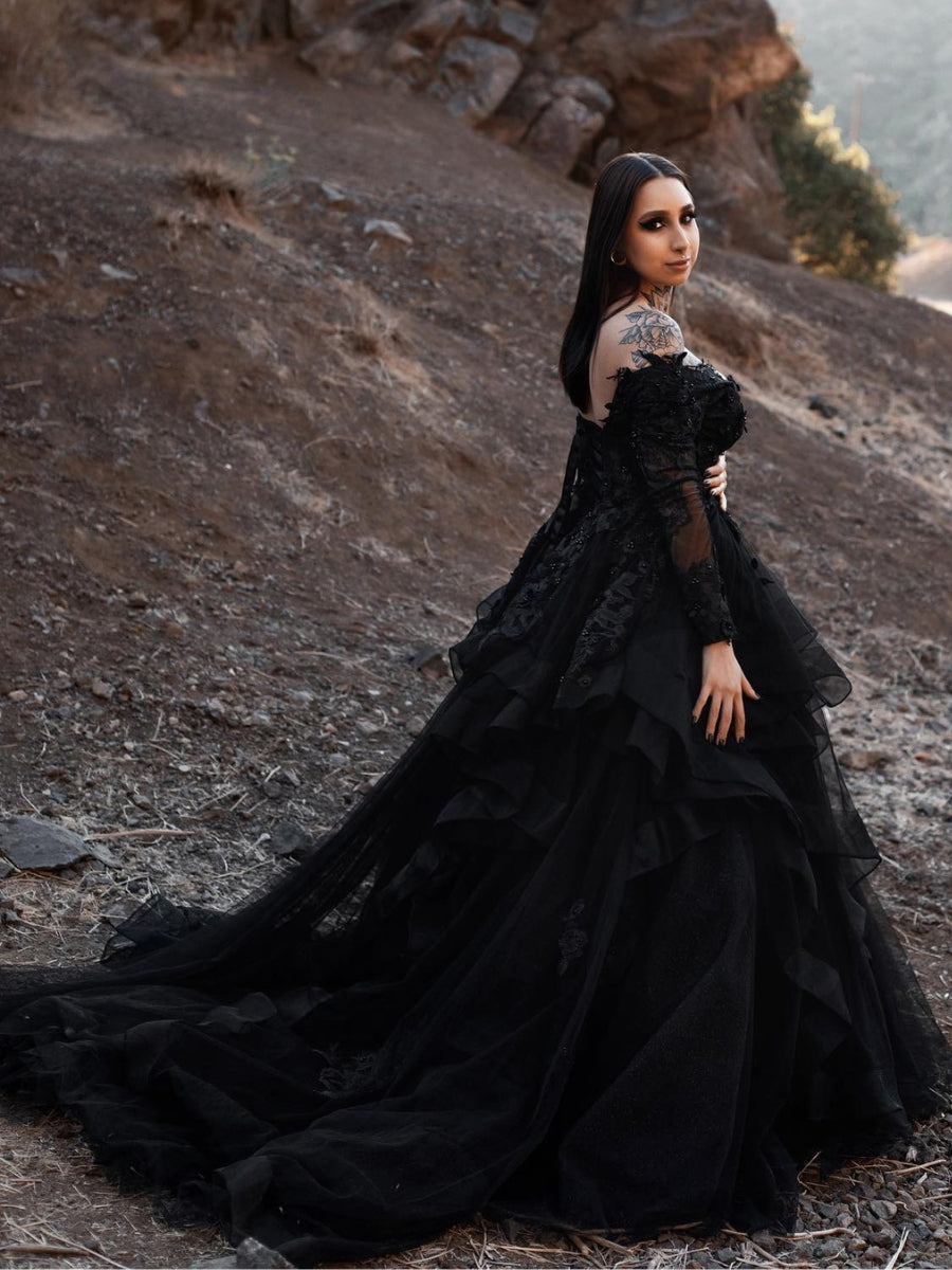 Black Gothic Wedding Dress Long Sleeves Applique Tiered Skirt Off ...