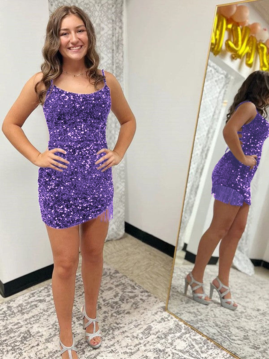 Sexy Fitted Spaghetti Straps Sleeveless Short Velvet Sequin Prom Dress