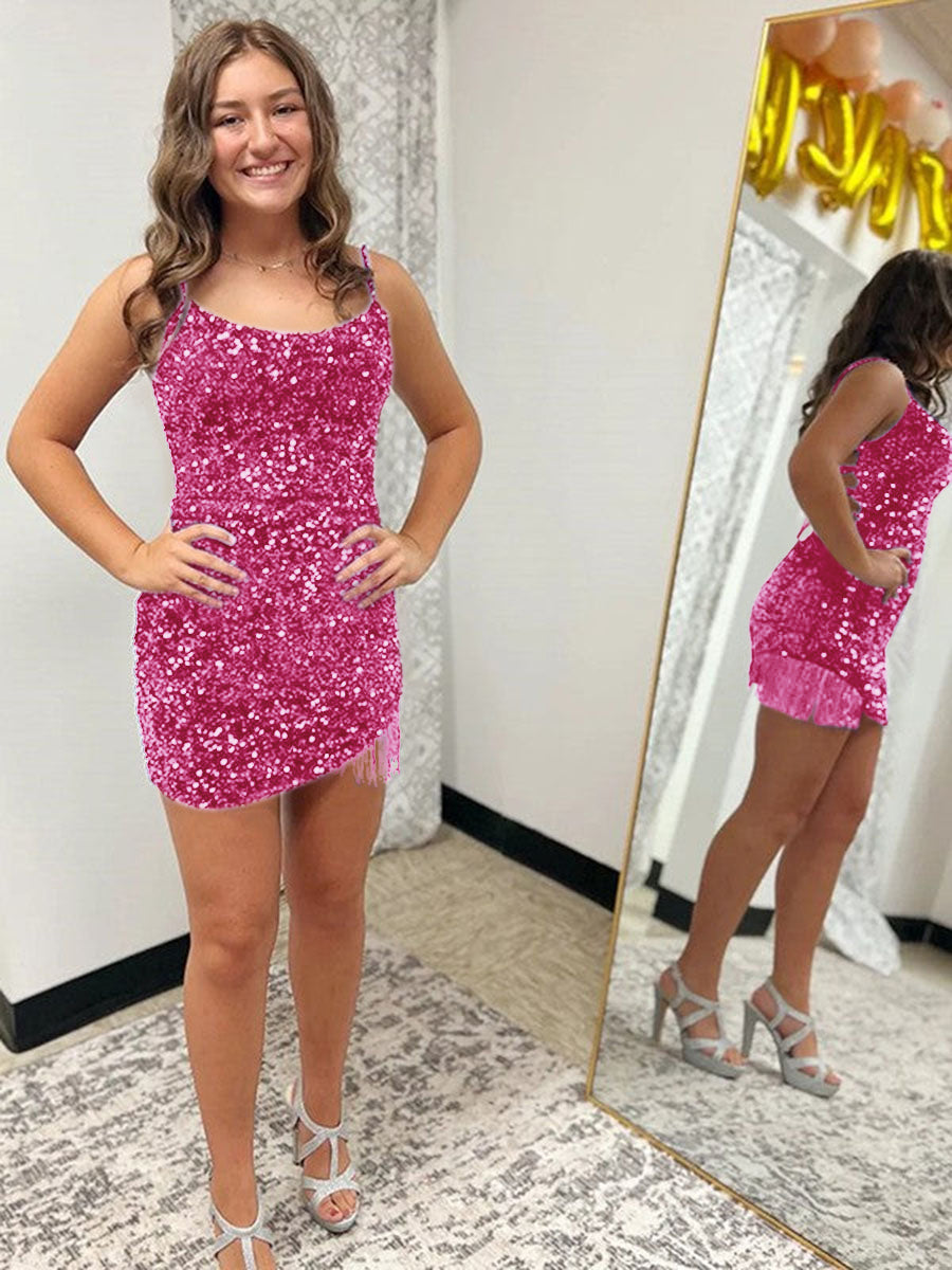 Sexy Fitted Spaghetti Straps Sleeveless Short Velvet Sequin Prom Dress