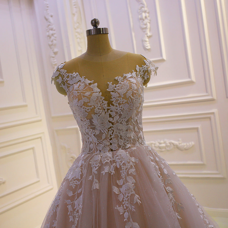 Wedding Dresses Long Sleeve Tulle A Line Bridal Gown Illusion Neck Lace  Applique