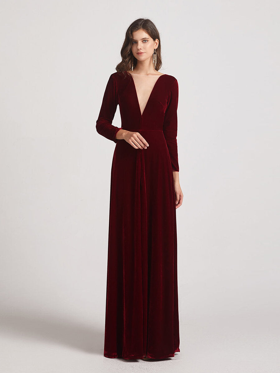 Long Sleeve Illusion V Neck Velvet Bridesmaid Dresses Yelure UK