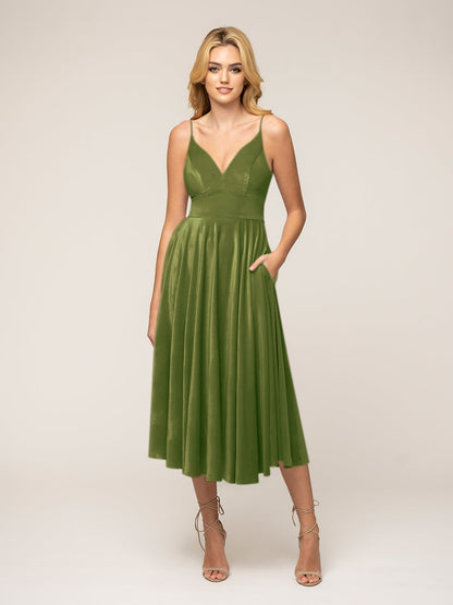 Spaghetti Strap A Line Velvet Midi Dress