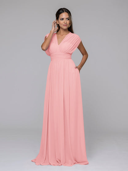 Chiffon V Neck Cap Sleeve Floor Length Bridesmaid Dresses