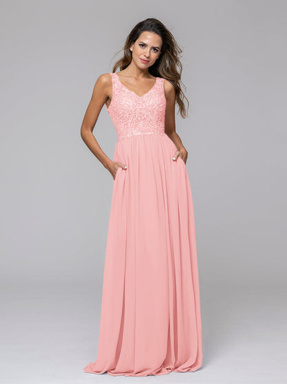 Applique V Neck Keyhole Back A Line Bridesmaid Dresses