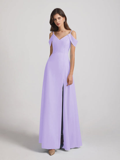 Chiffon Cold Shoulder V Neck Bridesmaid Dresses With Slit