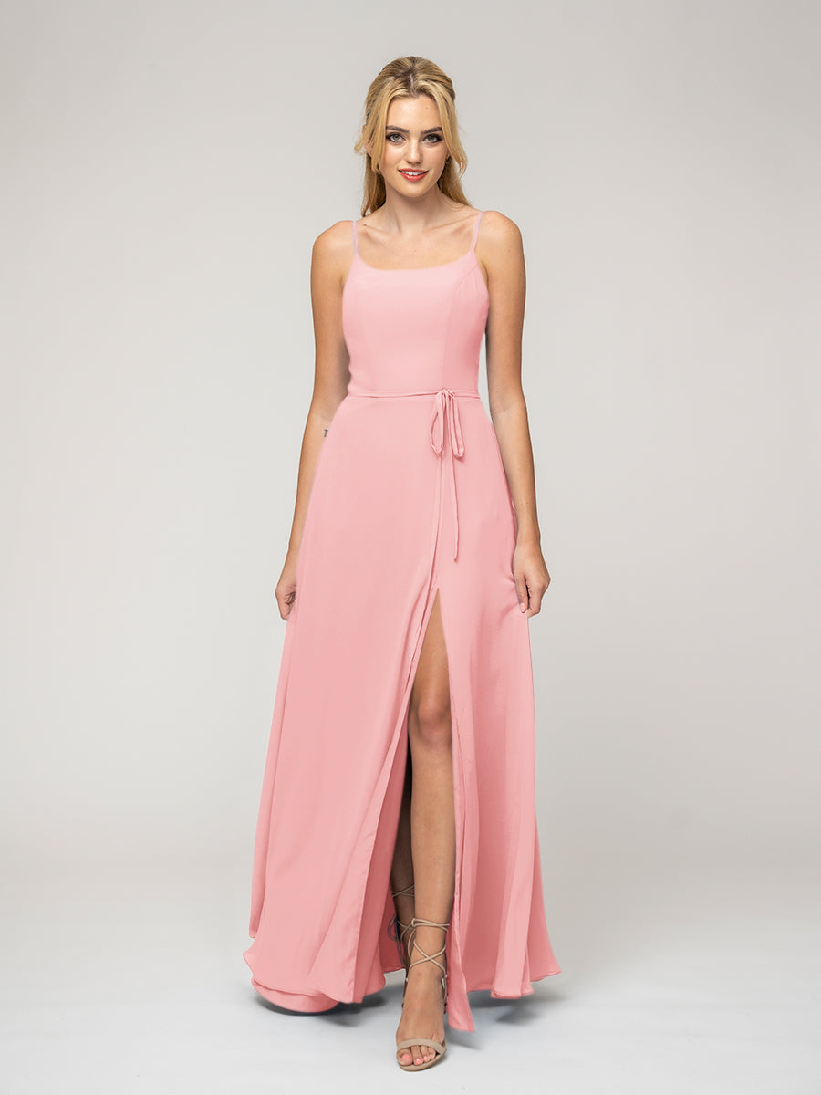 A Line Scoop Neckline Chiffon Slit Belt Bridesmaid Dresses