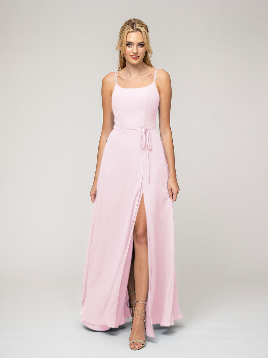 A Line Scoop Neckline Chiffon Slit Belt Bridesmaid Dresses