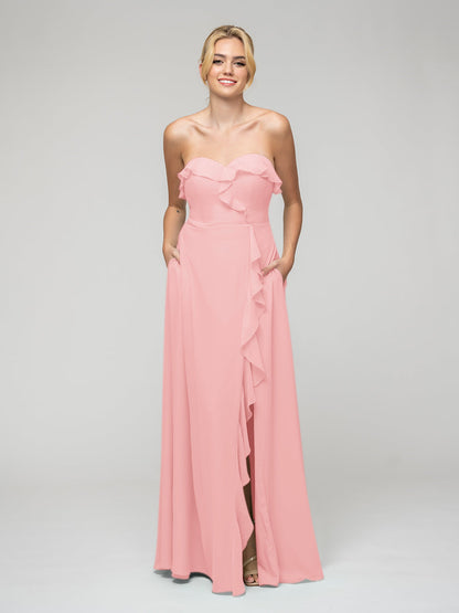 A Line Chiffon Strapless Bridesmaid Dresses With Ruffles