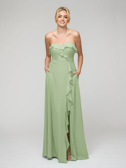 A Line Chiffon Strapless Bridesmaid Dresses With Ruffles