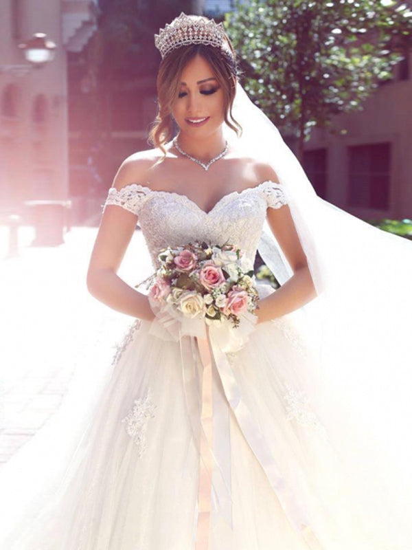 White off store shoulder ball gown