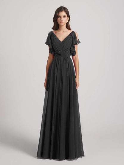 Open Flutter Sleeve Pleated Bodice A Line Bridesmaid Dresses