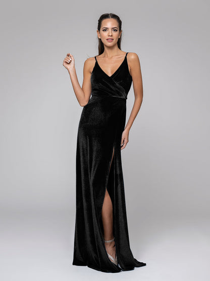 V Neck Velvet Sheath Bridal Party Dresses With Slit