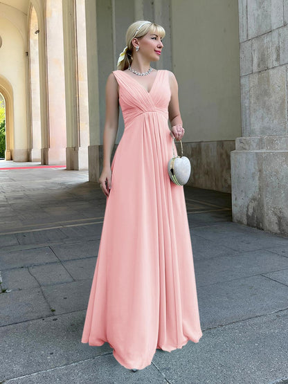 Straps Draped V-Neck Shirred Chiffon A Line Bridesmaid Dresses