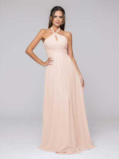 Tie-neck Halter Sleeveless Wedding Bridesmaid Dresses With Ruched Waist