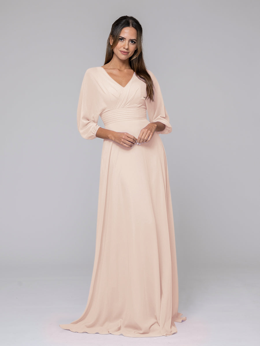 3 4 Lantern Sleeve V Neck Chiffon A Line Bridesmaid Dresses