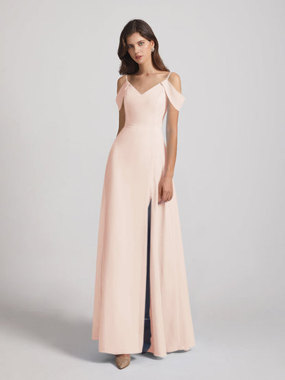 Chiffon Cold Shoulder V Neck Bridesmaid Dresses With Slit