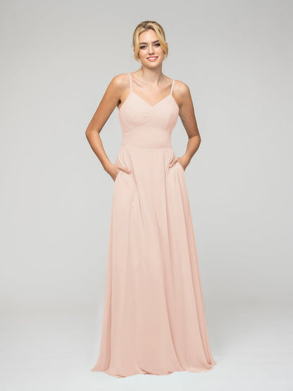 Spaghetti Strap Tie Back Long Chiffon Bridesmaid Dresses