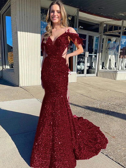 Sheath Cold Shoulder Sleeveless Long Velvet Sequin Prom Dress