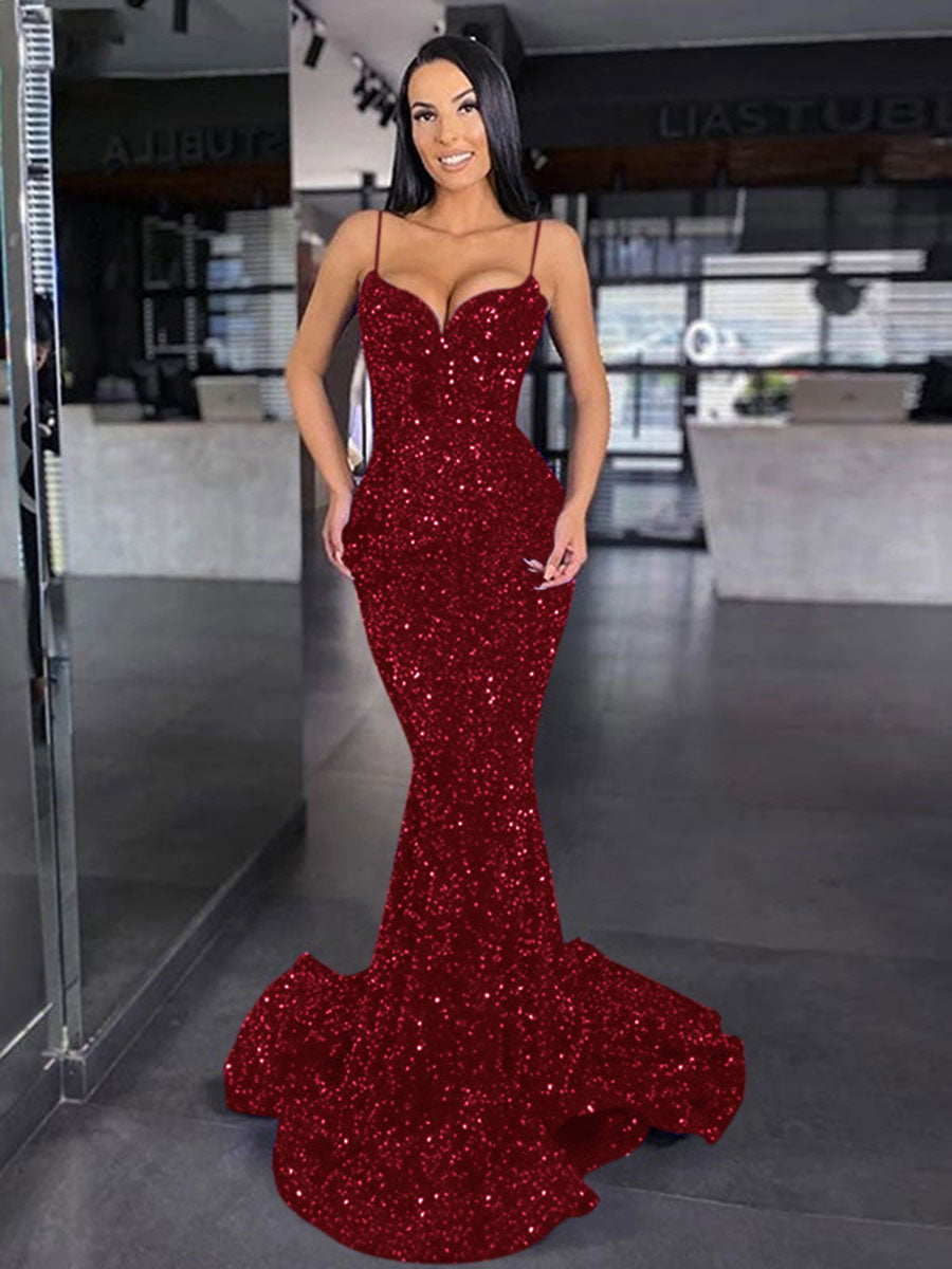 Mermaid Spaghetti Straps Long Velvet Sequin Sexy Prom Dress 2023