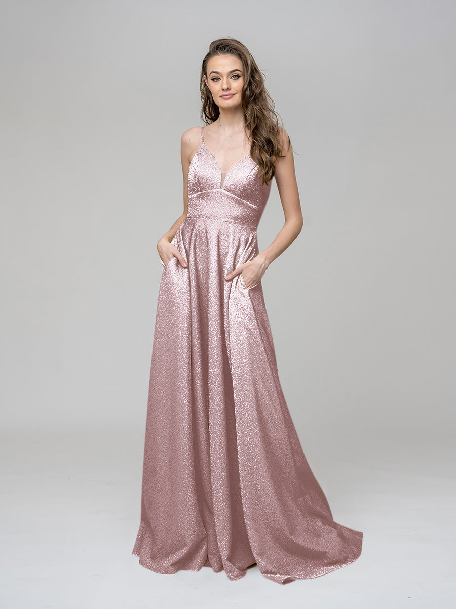 Metallic Glitter V Neck A Line Prom Dresses With Pockets Yelure UK