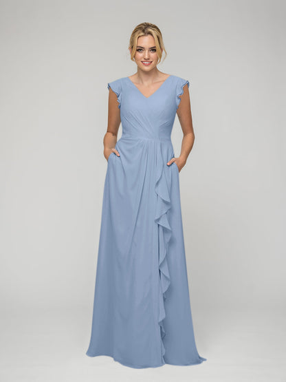 V Neck Chiffon Cap Sleeves Long Bridesmaid Dresses