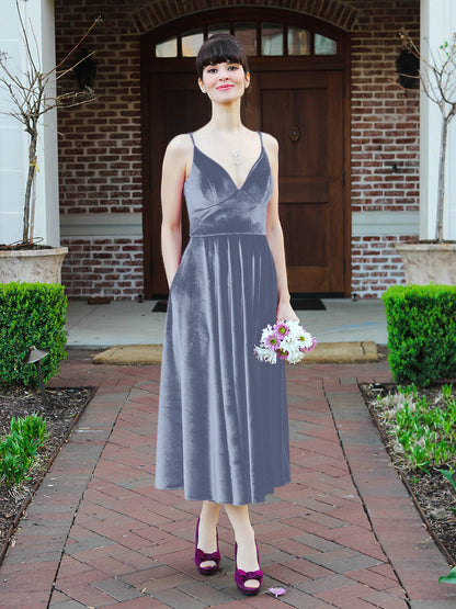 Glamorous A Line Tea Length Velvet Bridesmaid Dresses