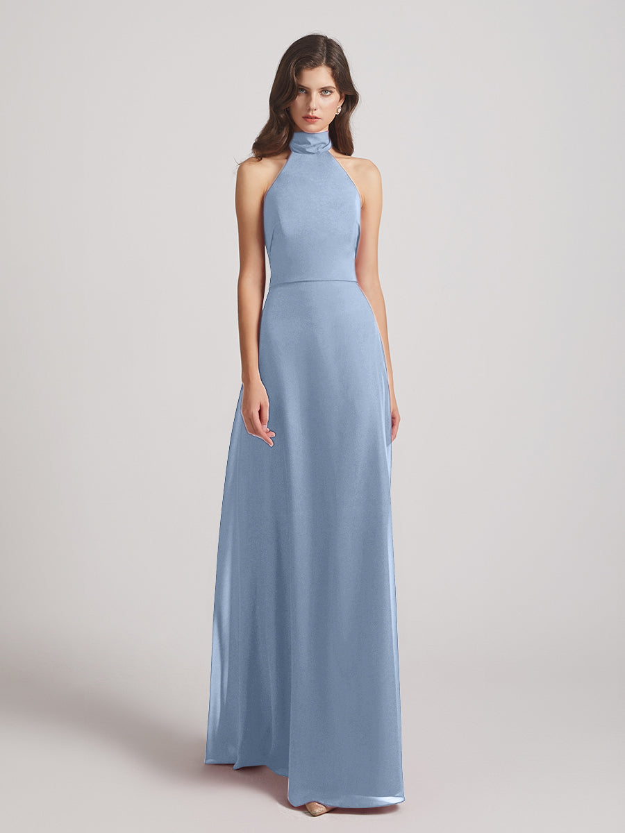 High Neck Chiffon Bridesmaid Dresses With Ribbons