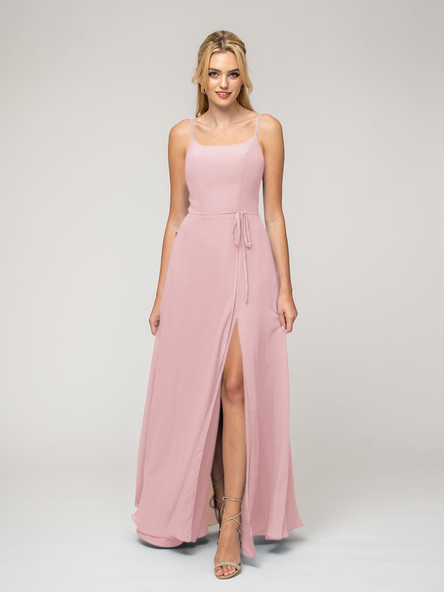 A Line Scoop Neckline Chiffon Slit Belt Bridesmaid Dresses