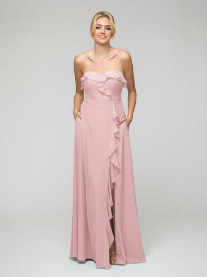 A Line Chiffon Strapless Bridesmaid Dresses With Ruffles