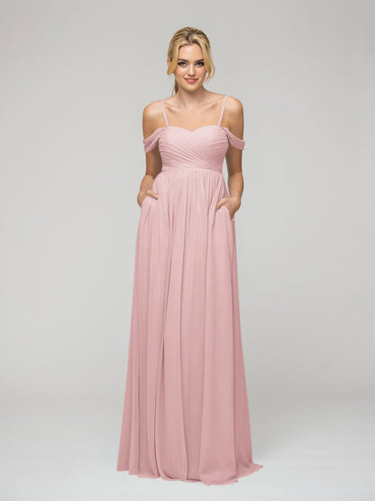 Cold Shoulder Chiffon Bridesmaid Dresses With Draped Bodice