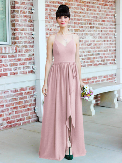 Chiffon Tie Back Bridesmaid Dresses With Ruffles Slit