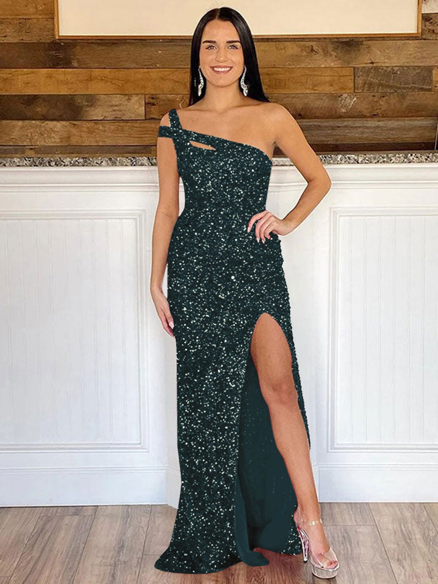 Sheath One Shoulder Sleeveless Long Sweep Train Velvet Sequin Prom Dress