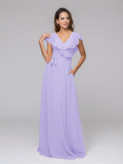 Ruffle Sleeve V Neck Belt Bridesmaid Dresses For Wedding