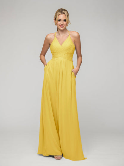 Chiffon Sweetheart Pocket Bridesmaid Dresses With Crisscross Back