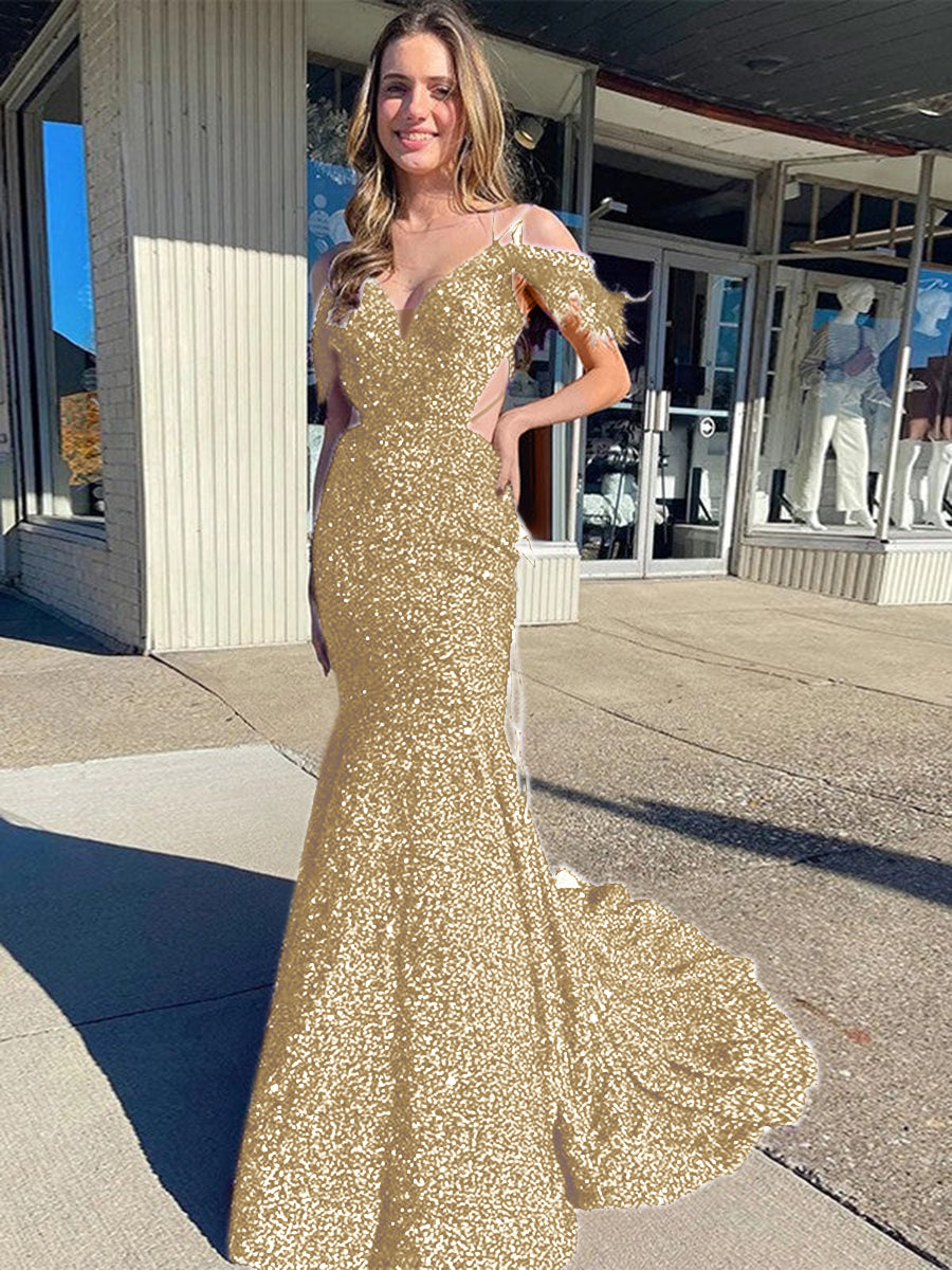 Sheath Cold Shoulder Sleeveless Long Velvet Sequin Prom Dress