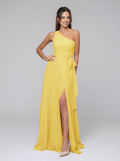 One Shoulder Slit Chiffon Bridesmaid Dresses With Sash