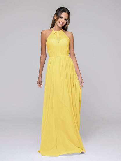 Long Chiffon Halter Bridal Party Dresses With Pleated Bodice