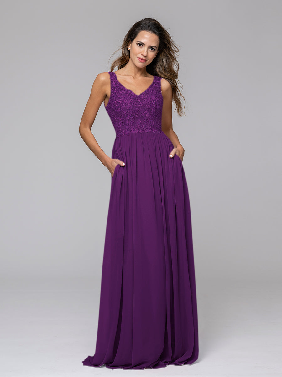 2023 A line V neck Floor Length Chiffon Lace Bridesmaid Dresses Yelure UK