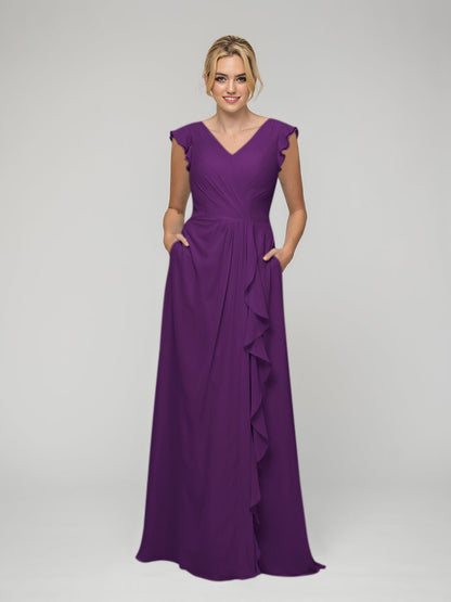 V Neck Chiffon Cap Sleeves Long Bridesmaid Dresses