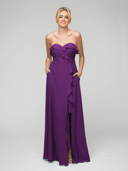 A Line Chiffon Strapless Bridesmaid Dresses With Ruffles